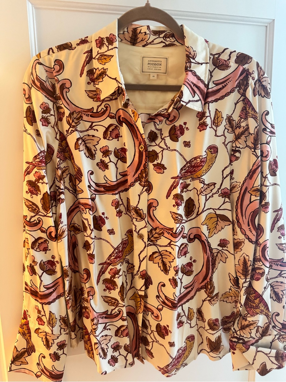 Sezane x Antoinette Poisson Cream Blouse with Pink and Brown Floral & Bird Print